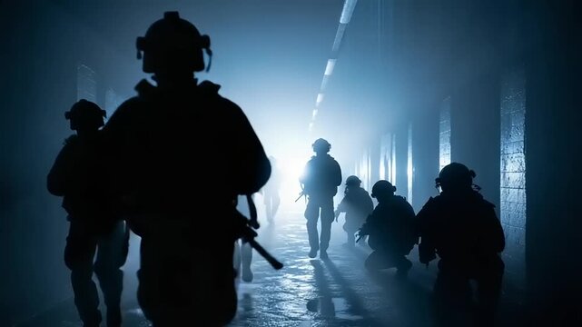 Soldiers in formation moving through a dark tunnel with blue light.
