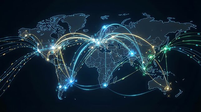 Global network connections map showing international travel routes and data transfer paths, connectivity.