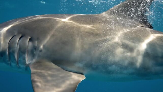 A bull shark swims underwater with sunlight shining on its body in the ocean