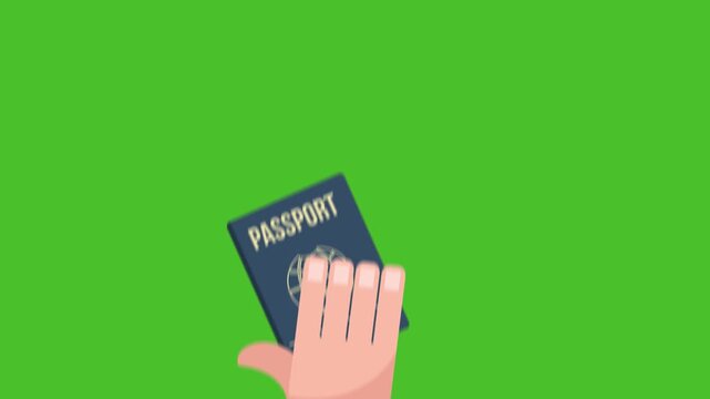 Chromakey background with a flat-style hand holding a passport. 4K