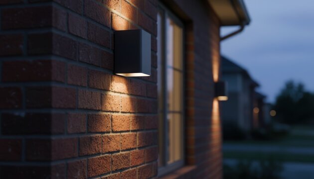 Modern black minimalist outdoor wall sconce lighting fixture mounted on red brick facade of suburban house during twilight