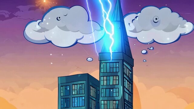 Animation of a skyscraper under a purple sunset sky being struck by a lightning bolt with fireworks.