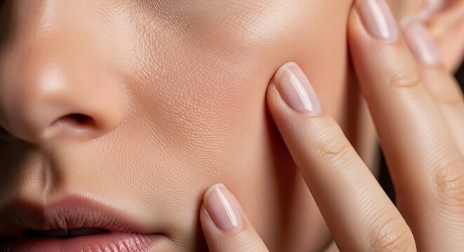 Woman's face touching her cheek with manicured fingers hand