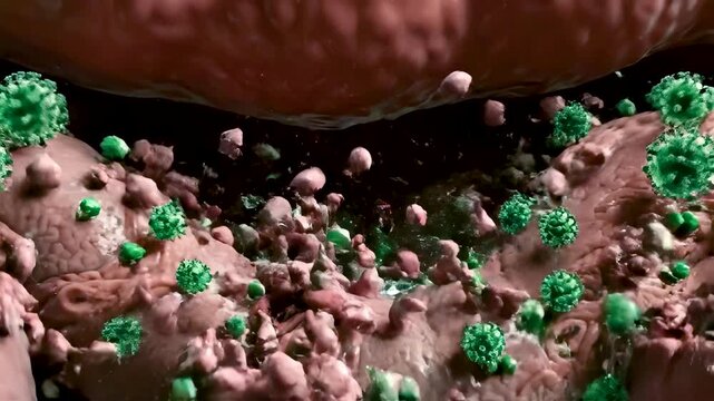 Rotavirus Infection in the Small Intestine Showing Wheel Shaped Viruses Destroying Villi Absorption and Causing Severe Fluid Loss