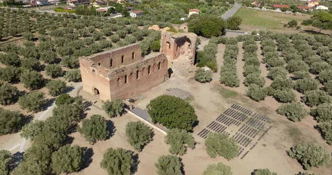 Aerial view of Santa Maria della Roccella, an abbey located in the Scolacium National Archaeological Park and Museum, in the municipality of Borgia, in the province of Catanzaro, Calabria, Italy.