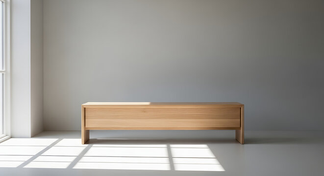 Modern wooden furniture piece placed in a well-lit room with natural light during daytime hours