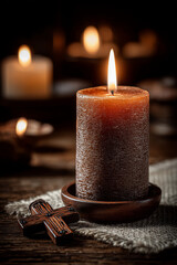 Single lit candle next to a small Catholic cross, white background, warm glow, minimalist style, stock photo quality
