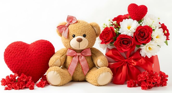 Brown teddy bear with red and white bow sitting with heart and flowers