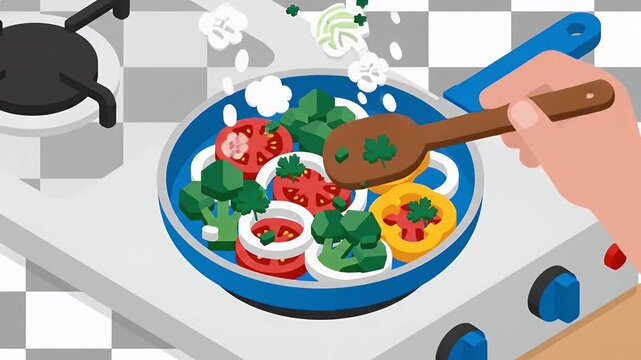 Person cooking fresh vegetables in frying pan on kitchen stove