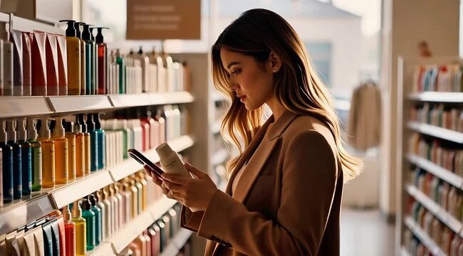 Woman compares product on phone in store aisle with shelves of items 