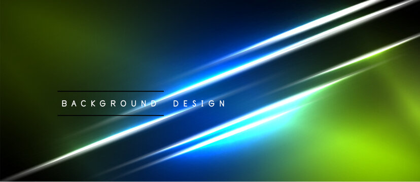 Abstract background features vibrant green, blue gradients. Bright lines create dynamic diagonal composition. Modern design element.