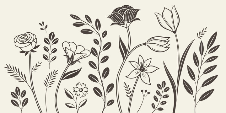 Minimalist Flat Design Floral Pattern in Muted Earthy Tones, Ideal for Fabric, Wallpaper, and Textile Prints. This charming seamless floral pattern features a beautiful collection of hand-drawn.