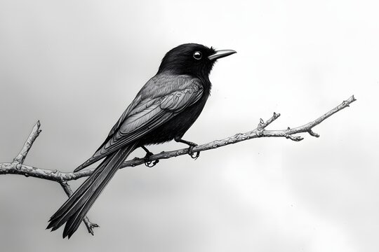 Black drongo realistic sketch highlighting forked tail and posture image