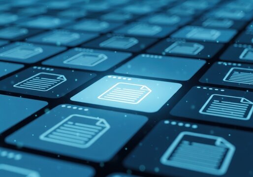 Selected Digital Document Icon Glowing on Blue Data Grid for File Management