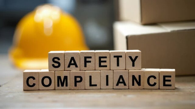 Work safety and compliance concept. Wooden cube blocks with icon of safety at workplace. Safety first, protections, health, regulations and compliance. Safety in working process. Zero accide.