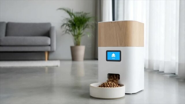 Automatic pet feeder dispensing food into a bowl in a modern living room setting
