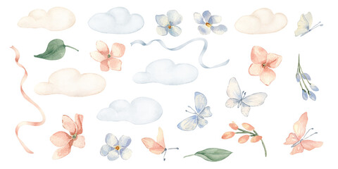Botanical clipart with butterflies pastel watercolor illustration isolated white. Hand painted set of soft clouds, peach and blue flowers and satin ribbons. Elements for baby textile and stationery. © Ekaterina Lanbina