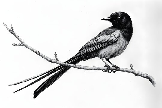 Black drongo wildlife pencil illustration perched on tree branch image