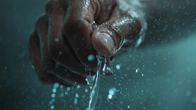 Close-up of Water Flowing Over a Hand with Dark Background, Artistic and Moody Lighting, High Detail, Conceptual Photography