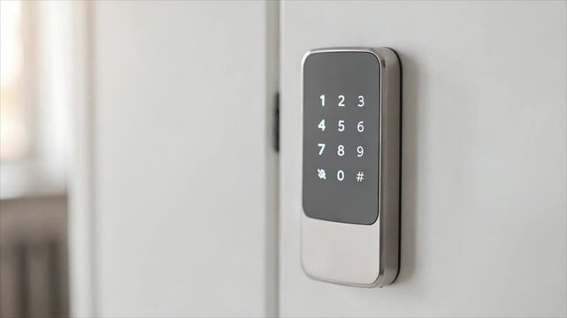 Woman hand entering code on digital door lock pressing numbers 7, #, and 0 for home security system.