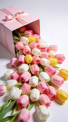 Pink Gift Box Lying on Side with Spilling Bouquet of Tulips