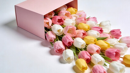 Pink Gift Box Lying on Side with Spilling Bouquet of Tulips