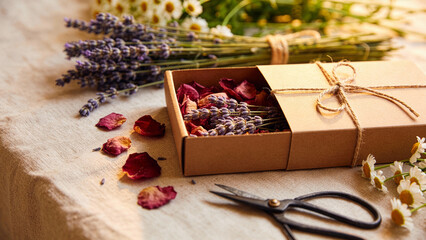 Open Craft Paper Gift Box with Lavender and Chamomile on Linen