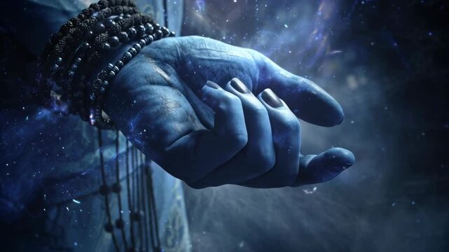 Mystical Blue Hand with Beaded Wrist Accessories and Cosmic Light Effects, Artistic Digital Illustration for Spiritual and Cultural Themes