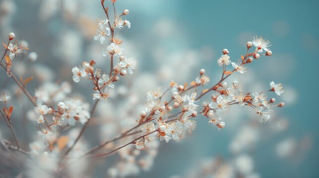 Delicate fresh white cherry blossoms on light blue background with blurred edges, watercolor style soft tones, natural lighting gentle elegant atmosphere high definition static composition
