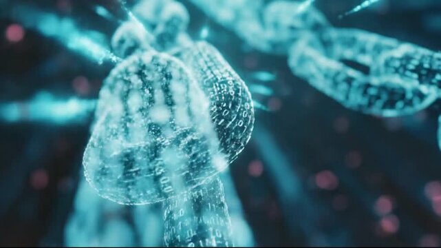 Abstract digital chain links covered in glowing blue binary code representing blockchain technology and data security