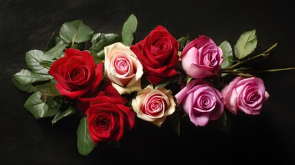 Obraz premium Close-up bouquet of red and pink roses with fresh green leaves on dark background, romantic valentine's day theme with high resolution sharp detail and premium quality