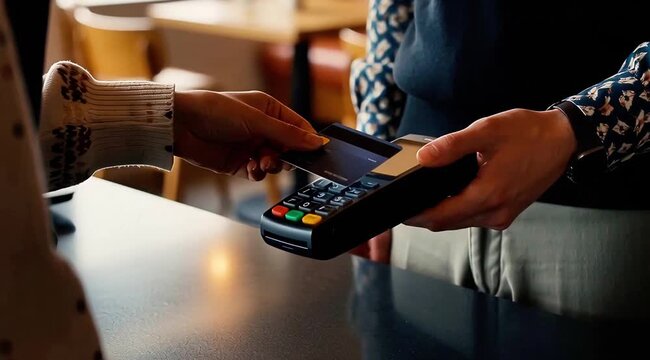 Person handing over credit card for payment at restaurant counter with payment terminal
