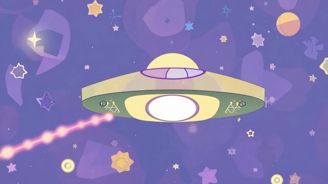 Whimsical animation of a green and yellow flying saucer hovering and shooting a laser beam in a purple cartoon space.
