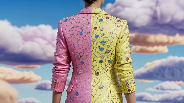 Split Color Blazer Embellished with Gems Standing Against Digital Sky