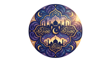 Ramadan Kareem Ornate Mandala with Mosque, Crescent Moon & Stars