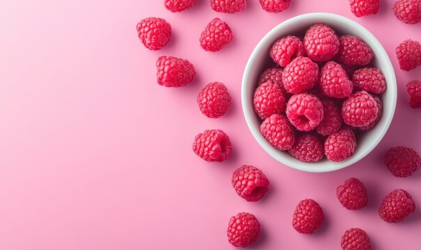 Raspberry's Abundance: A captivating high-angle shot of a delightful white bowl overflowing with vibrant red raspberries, elegantly arranged on a plain surface.