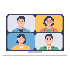 Fototapeta premium A digital illustration depicts a laptop screen showcasing a video conference with four diverse participants smiling high quality professional