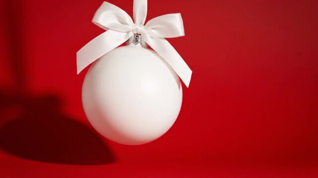 A simple white Christmas ornament with a white ribbon bow hangs against a vibrant red background, casting a soft shadow