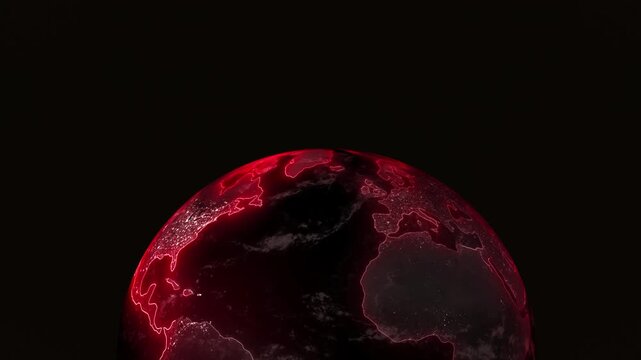 High-contrast digital rendering of Earth from space with Europe and Africa illuminated in red outlines and city lights against a dark background