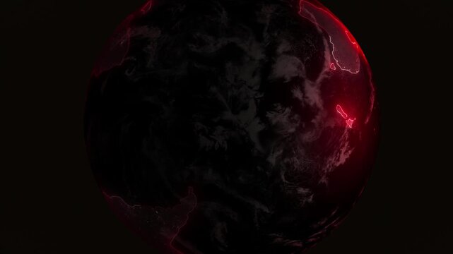 A partial view of Earth's dark side with faint cloud patterns and illuminated red contours representing continents and regions over a black space backdrop