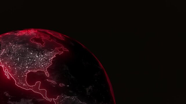 Close-up of North America on a digitally rendered Earth with glowing red outlines, detailed urban illumination and visible continental contours against a black background
