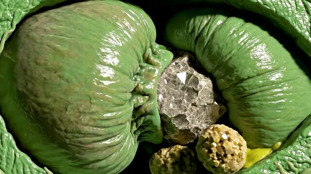 Gallbladder Stone Obstruction Showing Crystallized Bile Blocking Duct With Organ Spasm Swelling and Backed Up Fluid in Anatomy