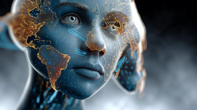 Futuristic humanoid face with digital world map projection, showcasing continents and data streams, transitioning from close-up to mid-range view in a dark, atmospheric setting