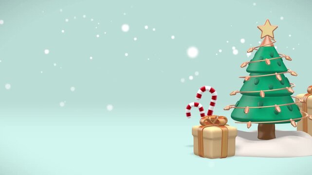 Side composition of a stylized Christmas tree with candy canes and gift boxes surrounded by snow and soft snowfall on a minimalist background