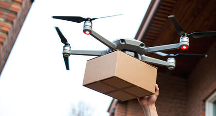 A delivery drone carries a cardboard box parcel