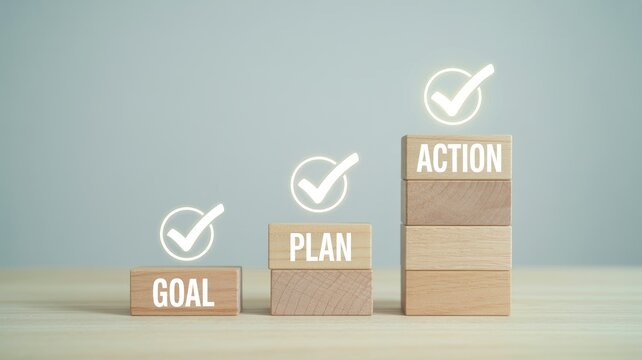 Business strategy steps with goal plan and action on wooden blocks