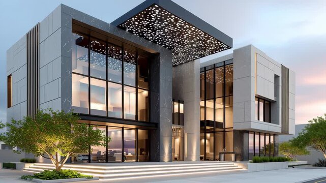 Modern architectural design of a contemporary building with large glass windows and a striking overhanging roof, showcasing elegant landscaping and a well-lit entrance at dusk