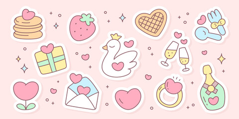 Kawaii St. Valentine day sticker set. Cute illustrations featuring hearts, sweets, gifts, strawberry, ring, swan, champagne glasses for romantic designs. Vector 10 EPS. 