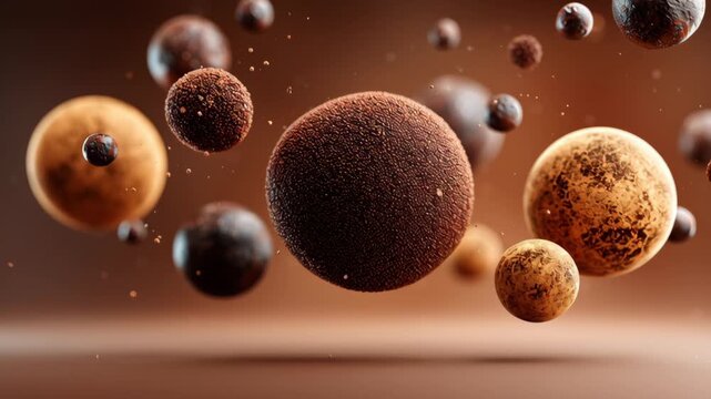 Floating spheres of various sizes and textures in shades of brown and orange create a dynamic visual display against a soft gradient background, showcasing their unique surface details and spatial arr