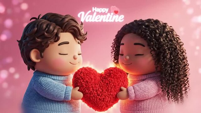 Cute 3D kawaii couple holding glowing heart plush textures soft cinematic lighting valentine loop animation